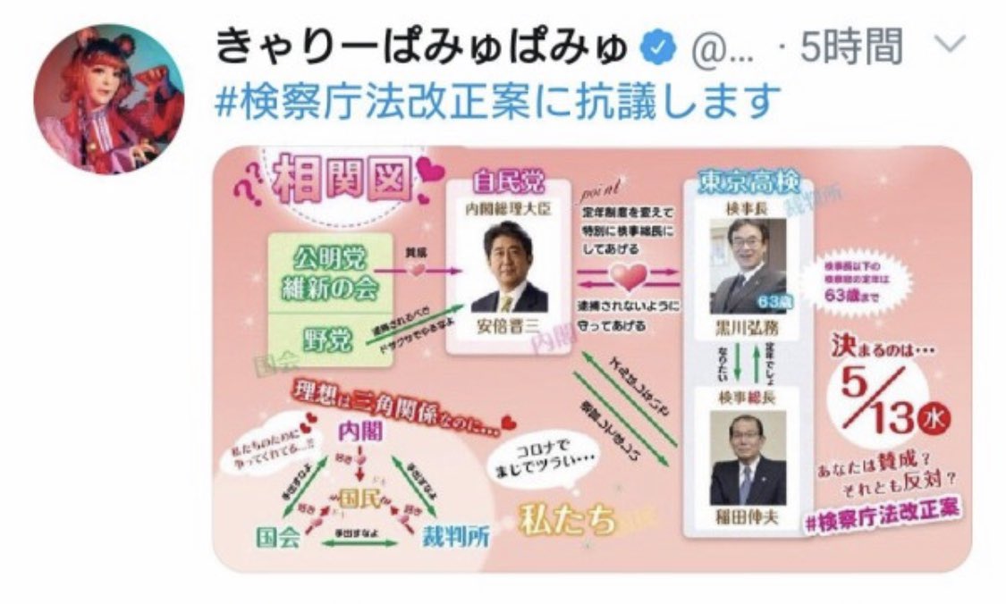 やっぱりあの 相関図 に釣られた 検察庁法改正法案に抗議します に関して各メディアで代表的に扱われていた きゃりーぱみゅぱみゅさん 該当のツイートを削除 Togetter