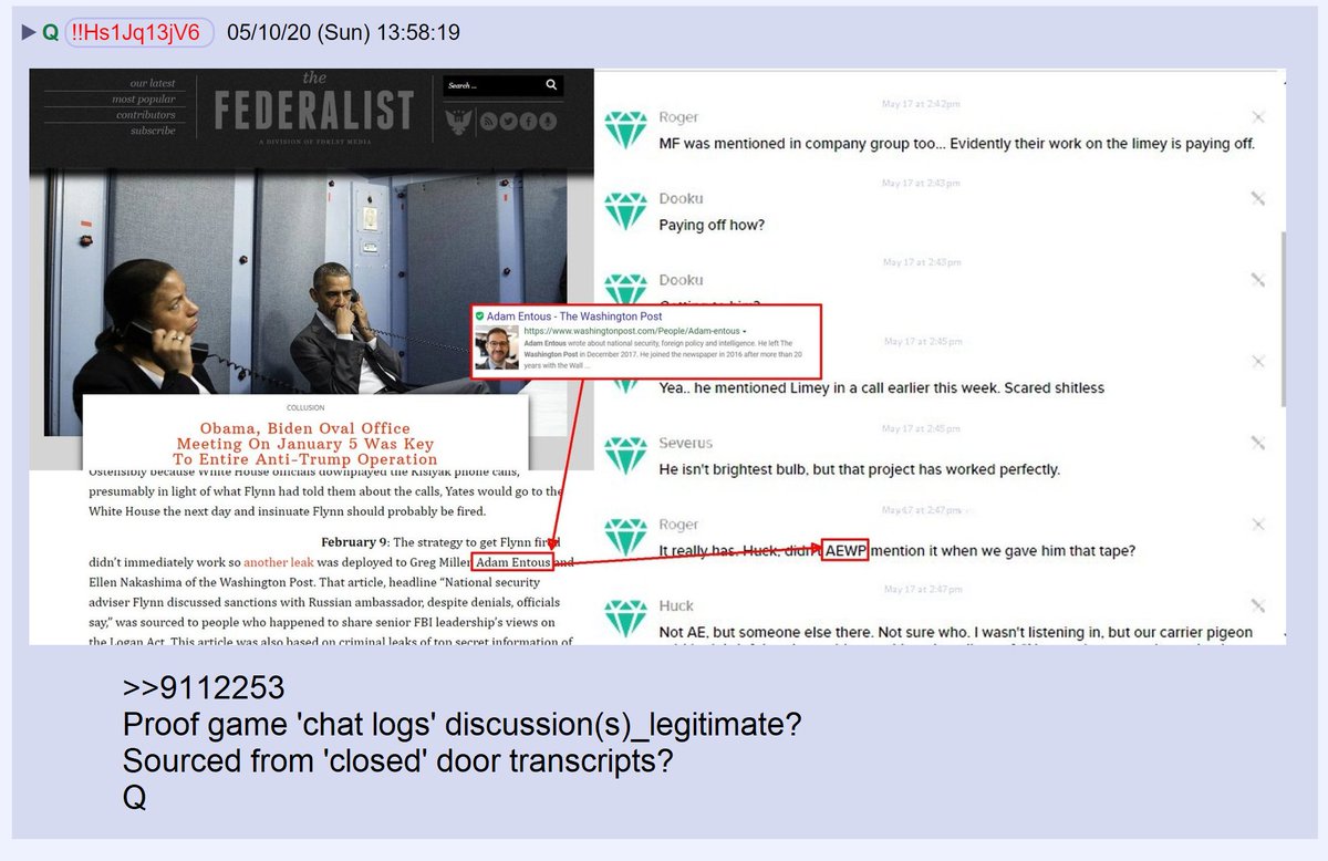 51) Adam Entous of Washington Post could be abbreviated AEWP.Those initials were used in the "Palatine's Revenge" game chat log Q posted on April 28th.This information came from a closed-door congressional hearing.How is that possible? #ObamaGate