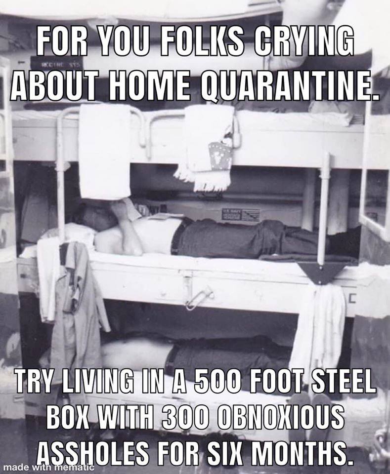 KiltOfDoom's tweet photo. If you are having difficulty with social distancing and staying at home, consider what it's like in the Navy
#QuarantineLife #Navy #RCN https://t.co/ZlwC0LSCmL