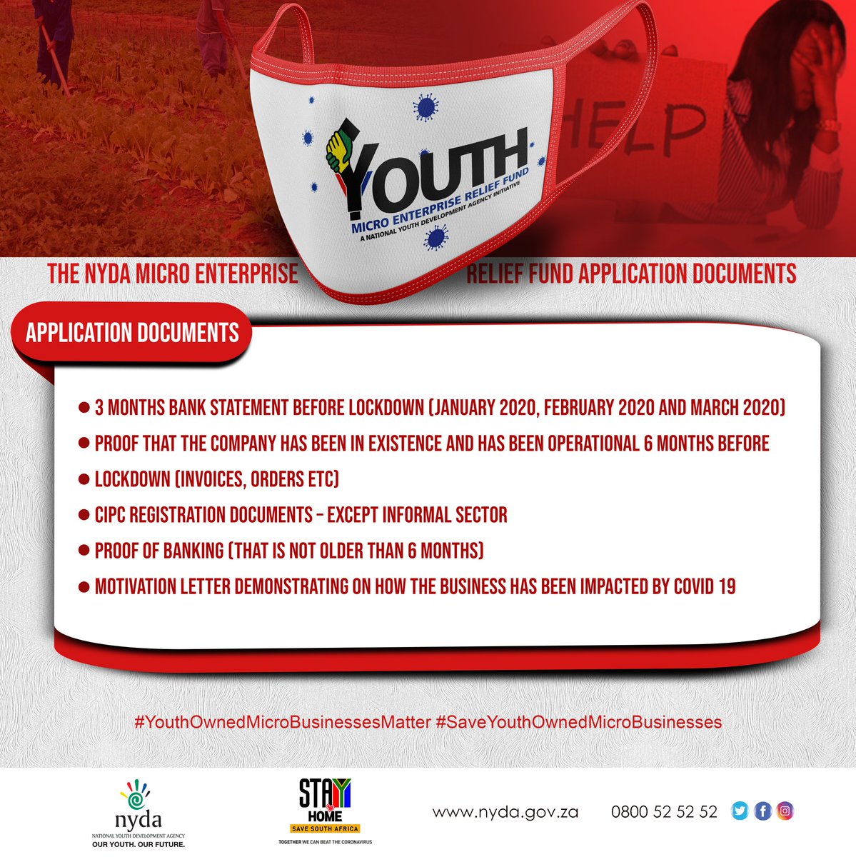 NYDARSA's tweet image. Applications close on 30 May 2020

Application form and branch details are available on the link: nyda.gov.za/Latest-News/NY…

NB: Please prepare the following required documents for the Youth Micro Enterprise Relief Fund:

#day46oflockdown #mondaythoughts #MondayMotivaton