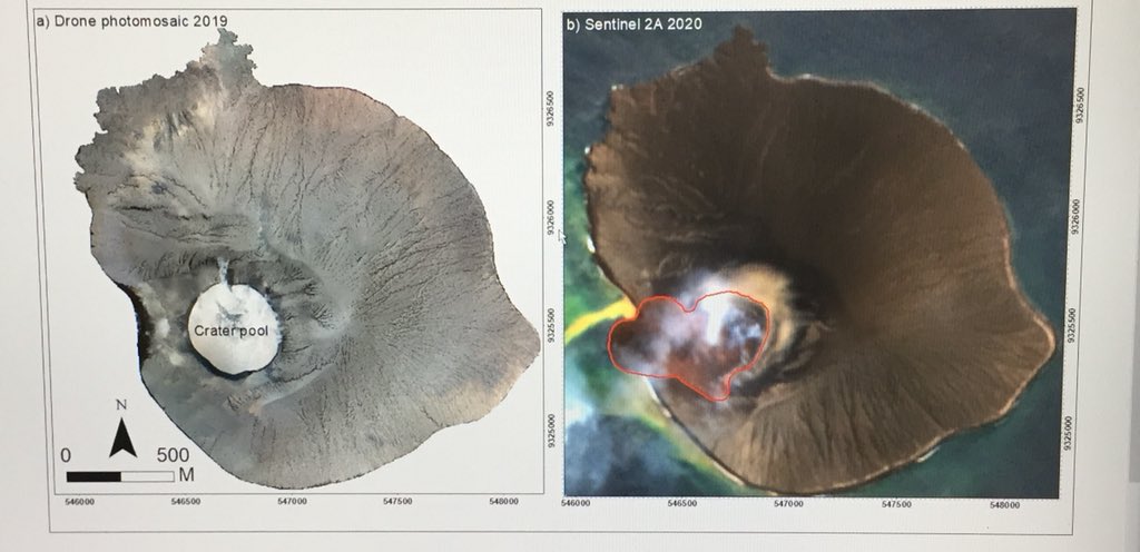 Perubahan morfologi Anak Krakatau pasca erupsi April 2020. Terlihat adanya material vulkanik seluas 250000 m2 yang mengisi crater pool.. pada saat yg sama terdengar #dentuman di Jakarta. Apakah dari erupsi Anak Krakatau? I dont know 🤷🏼‍♂️