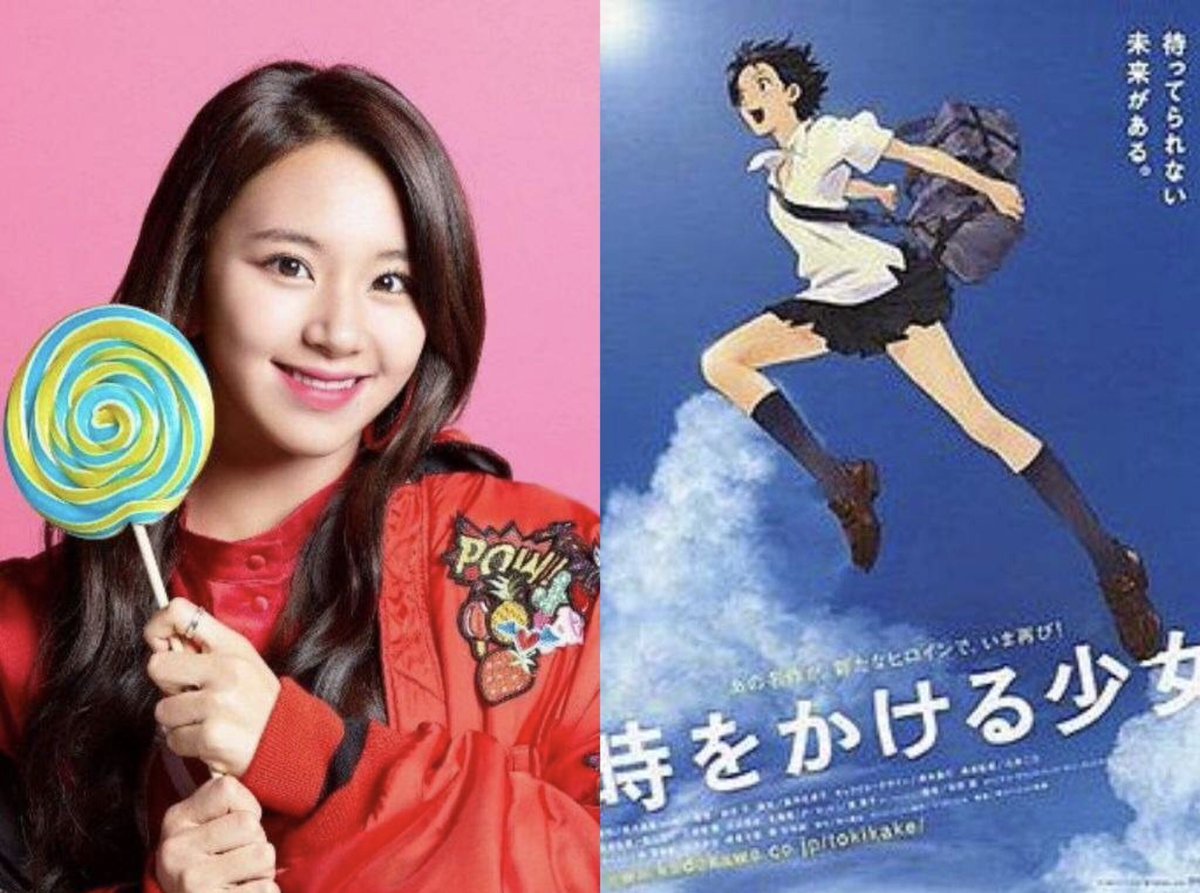 Chaeyoung as:The girl who leapt through time (Makoto Konno)Chaeyoung is the fastest runner in Twice, right? Not only that, her rapping skills are fast but legit and on fire too. They also share a love for art (Makoto is an art restorer while Chaeyoung also likes to draw).