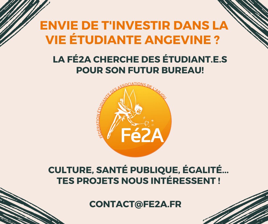 Etudiant.e sur #Angers, tu souhaites t'investir dans la vie étudiante ?
La Fé2a renouvelle bientôt son bureau !
Promotion de la #sante #culture #solidarite ou autres, tes projets nous intéressent !
Contacte nous en DM ! 😉