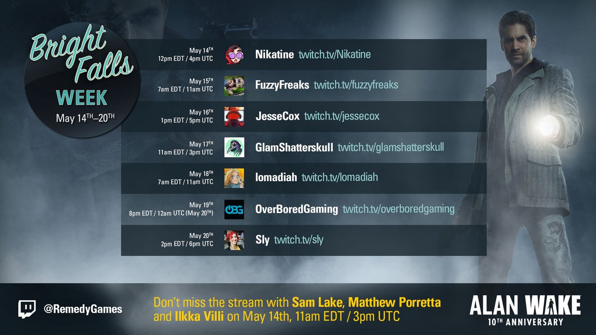 remedygames's tweet image. We're celebrating #10yearsofAlanWake with a week of streams! Join us for Bright Falls Week starting this Thursday. 

On Thursday we'll chat to @SamLakeRMD and the actors of Alan Wake: Matthew Porretta and Ilkka Villi!

📺Tune in from May 14th, 11am EDT: twitch.tv/remedygames