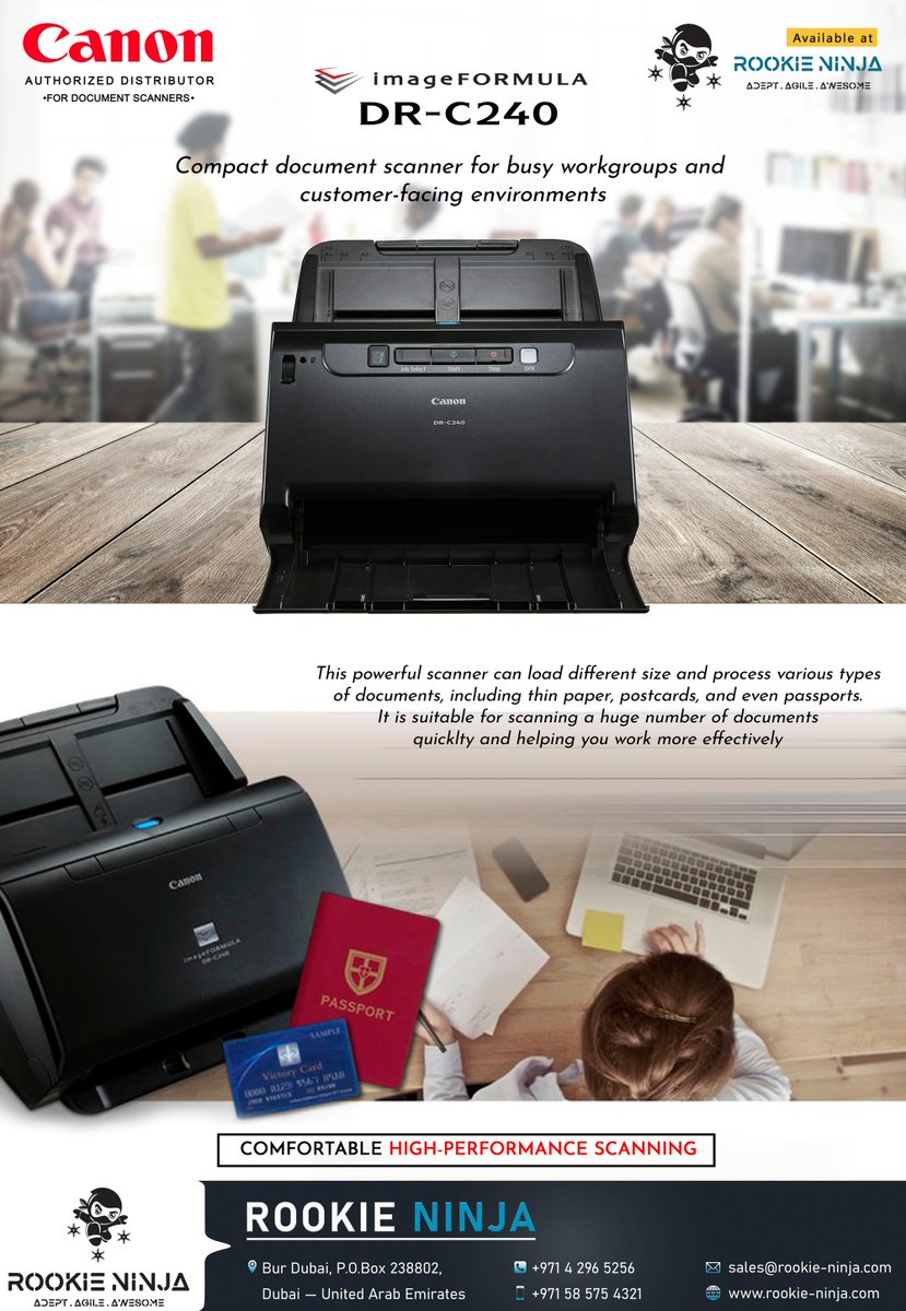 rookieninjagt's tweet image. The Canon imageFORMULA DR-C240 is an ultra-compact and powerful desktop scanner featuring a robust design and reliable paper handling for capturing multiple document sizes and formats, including passports.

#canon #captureperfect #kofaxvrs #ecopyPDF #rookieninja #rookieninjauae