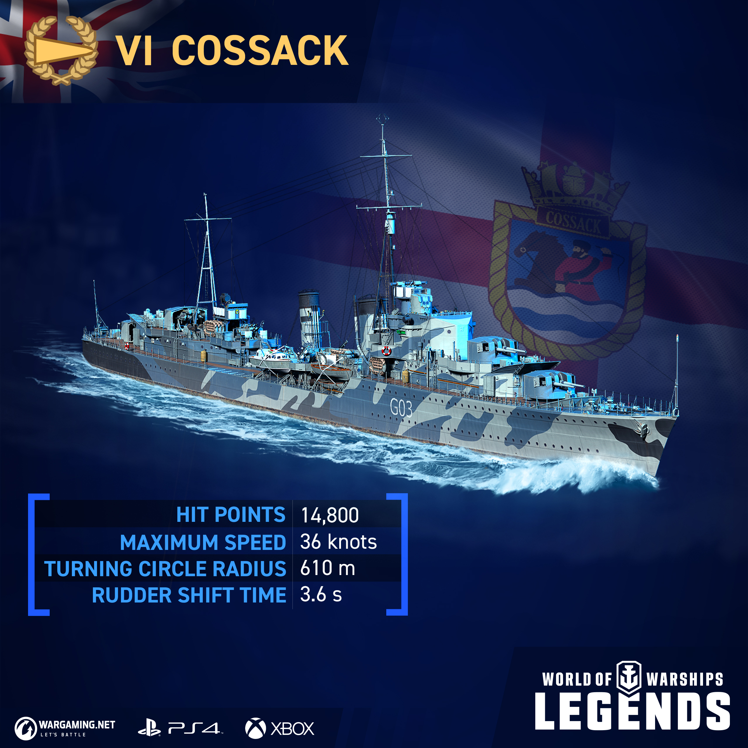 Twitter 上的 World Of Warships レジェンズ公式 新プレミアム艦艇 イギリスtier 6駆逐艦 コサック 登場 かの有名な イギリス海軍のトライバル級駆逐艦です ゲーム内 ストア からチェック バンドル内はパーソナルミッションと 特別記念旗付き