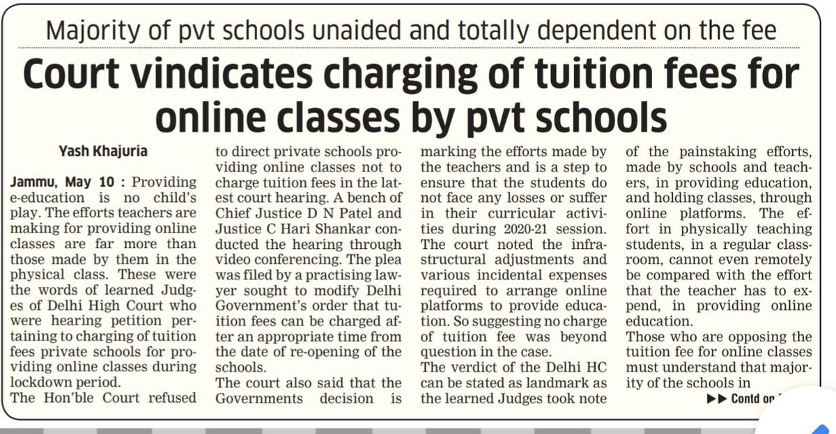 AbishkarU's tweet photo. Court vindicates charging of tuition fees for online classes by Pvt schools.
@diprjk @DIPR_Leh @TheEarthNews1 @yashk007 @media @Shivangsattya https://t.co/5GE4fZVZ3o