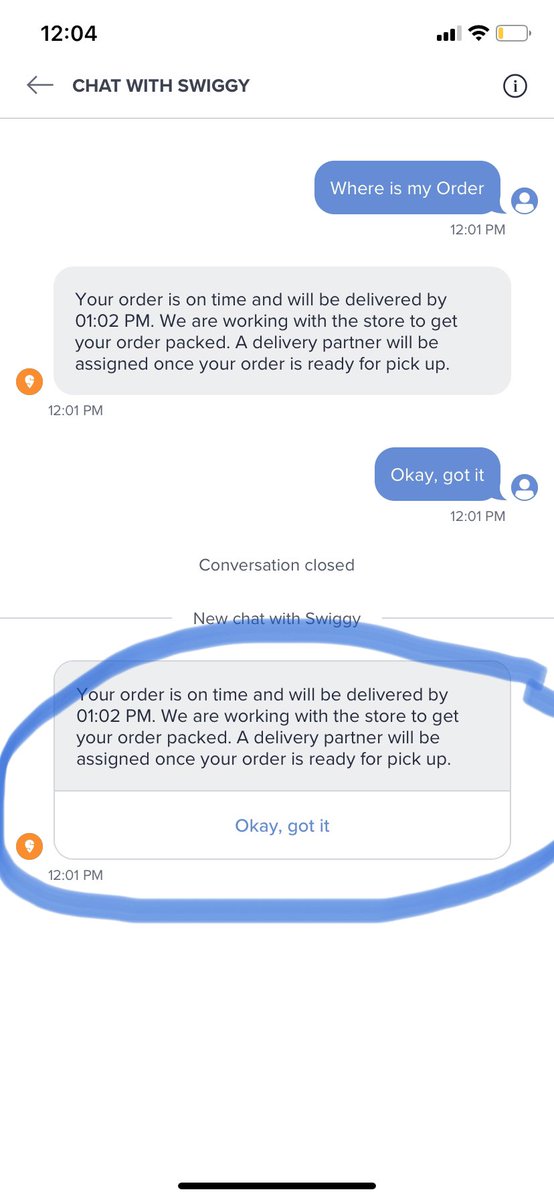 divyasawarn's tweet photo. Why is Swiggy calling it Chat if I cannot chat? I can only say Okay, Got it. No option to chat in this window. #product #wrongcommunication #swiggy https://t.co/b7x0g4X4Ib