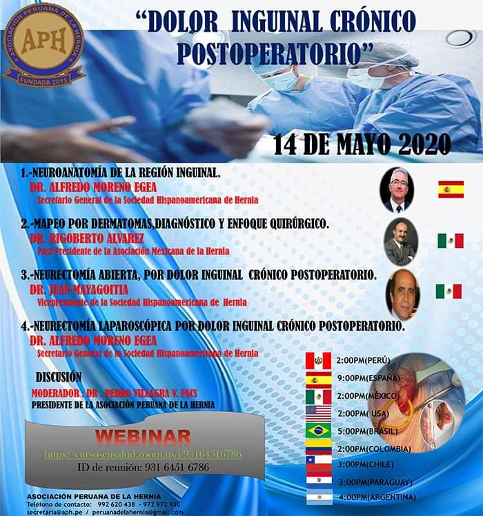 eurohernias's tweet photo. #HerniaLearnLive 'Postoperative chronic inguinal pain' The Peruvian Hernia Society, 🇵🇪 
May 14, 2020 @ 9 pm CET 
Register here https://t.co/1WjjYKU05k

#HerniaSurgery #HerniaFriends #SoMe4Surgery #HerniaEvent  #InguinalHernia #CPIP #HerniaWebinar https://t.co/4k9twYloAm