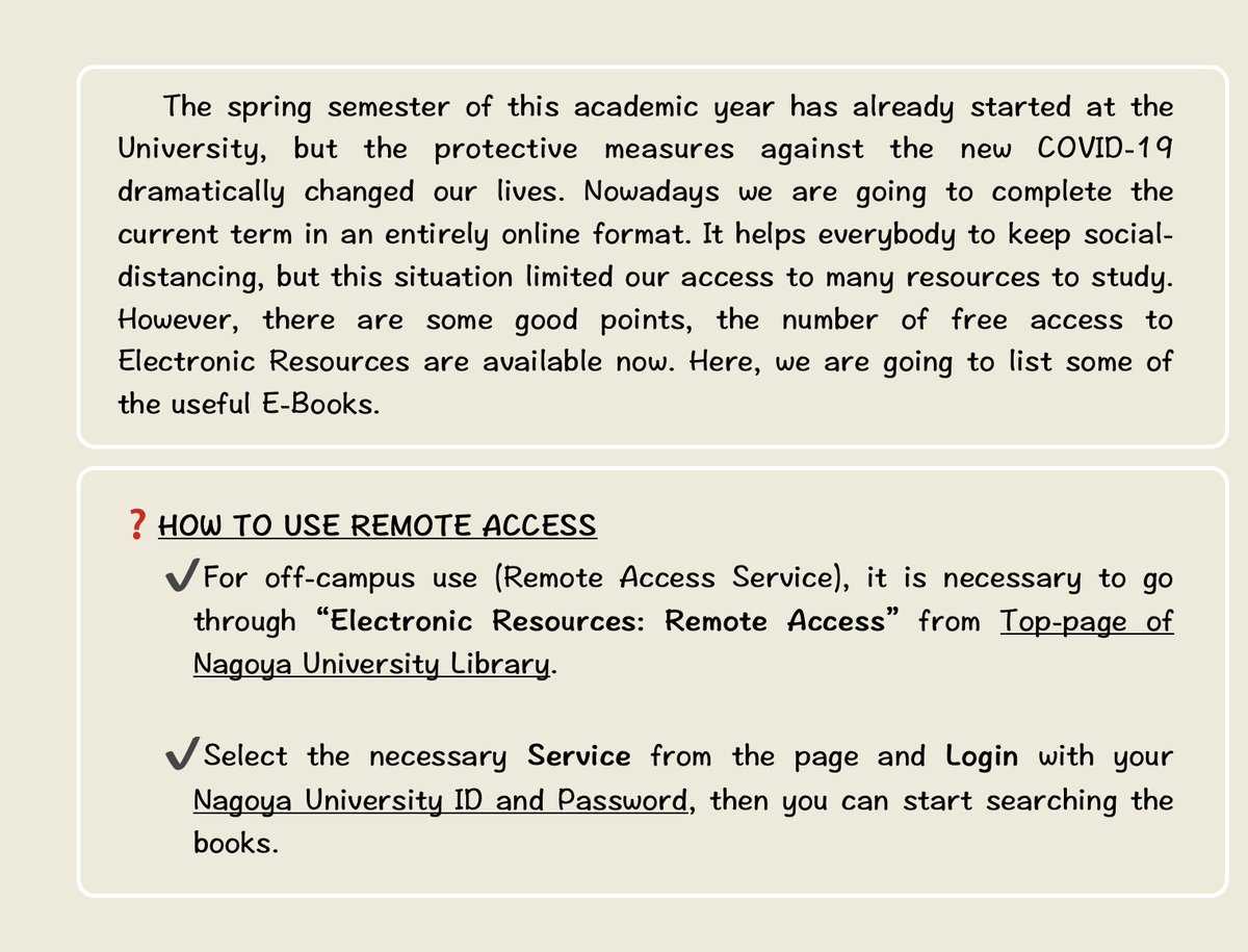 NagoyaUnivLibSD's tweet image. #OnlineLearningResources #AcademicWriting #ComparativeLaw
NU library is providing Online Resources. Let’s enjoy it for free! Please refer to the “Remote access”
nul.nagoya-u.ac.jp/db/DBannai/ezp…