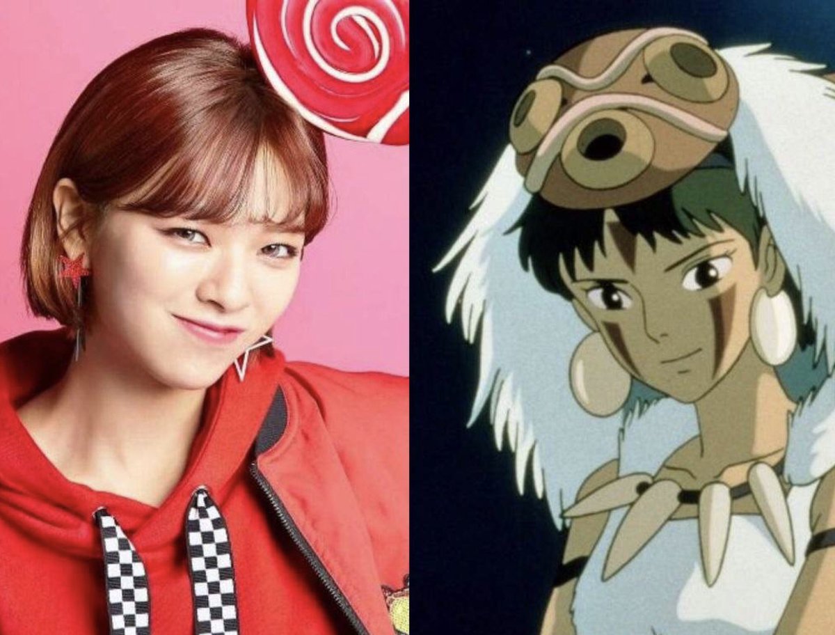 Jeongyeon as:Princess Mononoke (San)They’re both true warriors. San, despite being a human, proves herself worthy as a force to be reckoned with.But the journey there wasn't easy,especially for Jeongyeon. She was one of the least likely trainees to debut, but then she did.