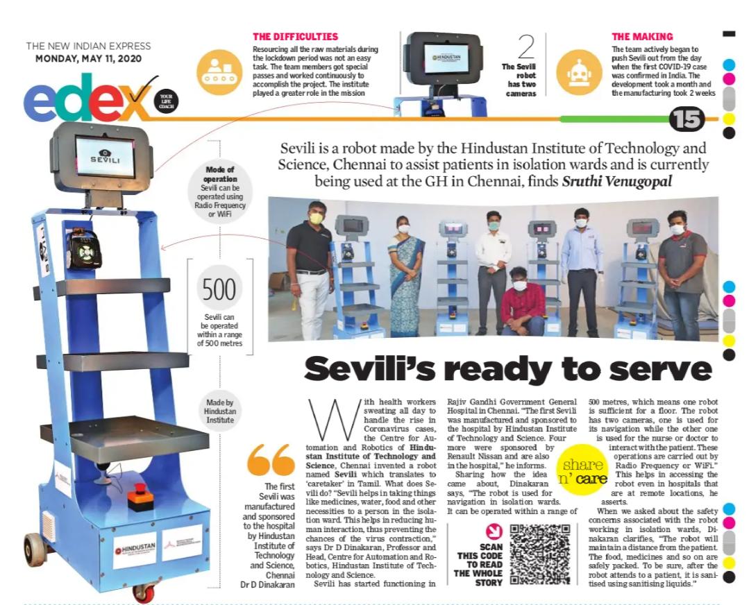 HindustanUni's tweet photo. #PressCoverage  #Sevili, A service robot developed by HITS to assist medical frontline against COVID-19. 
@Xpress_edex #ServiceRobot #Quarantined #CareTakerRobot #Sevili #Coronavirus #IndiaFightsCorona #CentreforAutomationandRobotics #Hindustan4.0 #HITS https://t.co/KHMVxznxuV