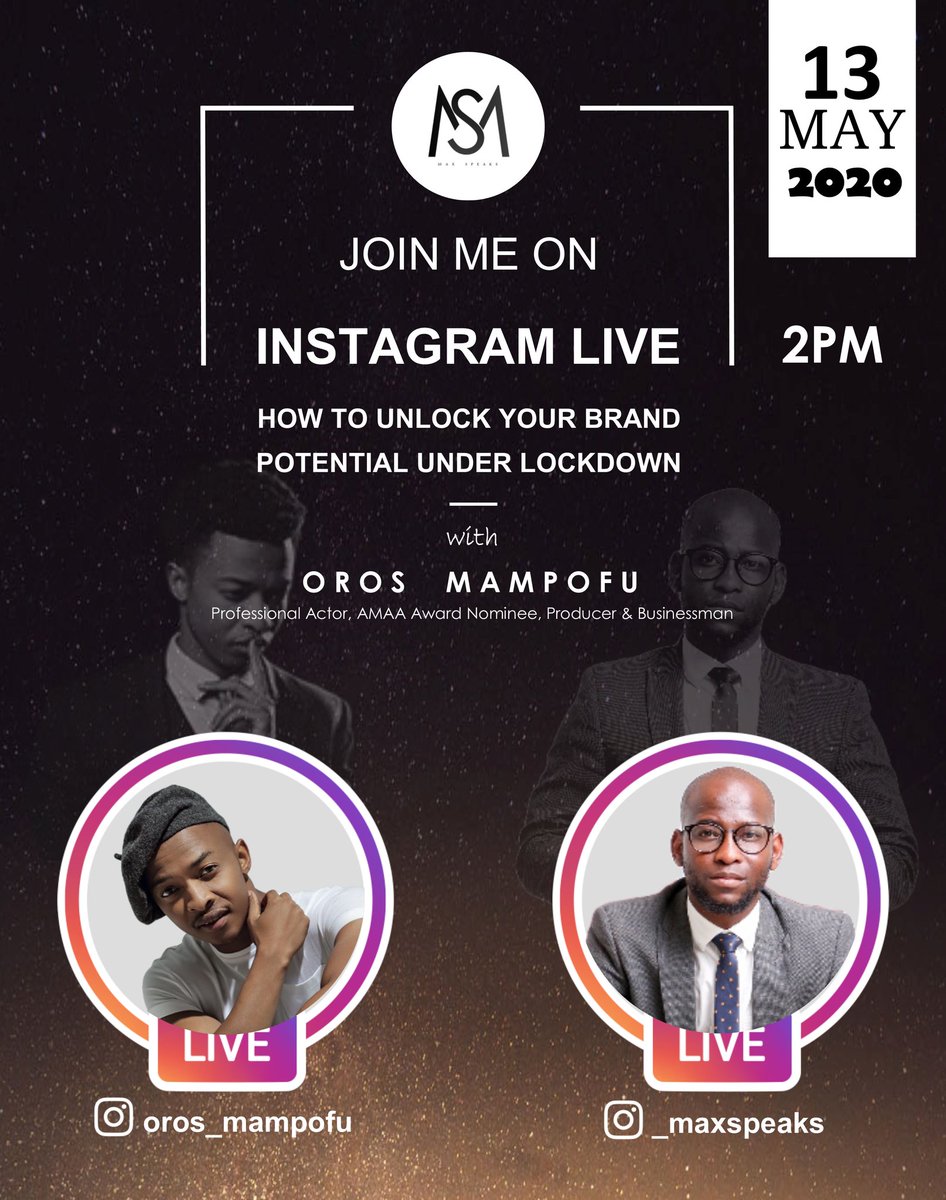 _MaxSpeaks's tweet photo. Join me Live on Instagram with multi-talented & motivational @Oros_Mampofu. We'll be discussing how to unlock or brand under lockdown.
__________________
He's featured on adverts, on our screens & has kept us inspired as we're #RunningWithOros. One of SA's most decorated brand! https://t.co/uEFZT3edly