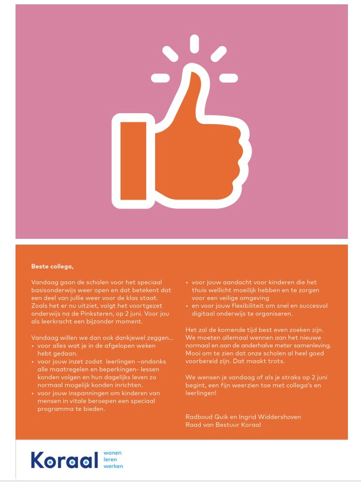 Wij wensen onze collega’s uit het speciaal basisonderwijs heel veel succes vandaag! #scholenweeropen #koraaltegencorona #speciaalonderwijs #samensterk