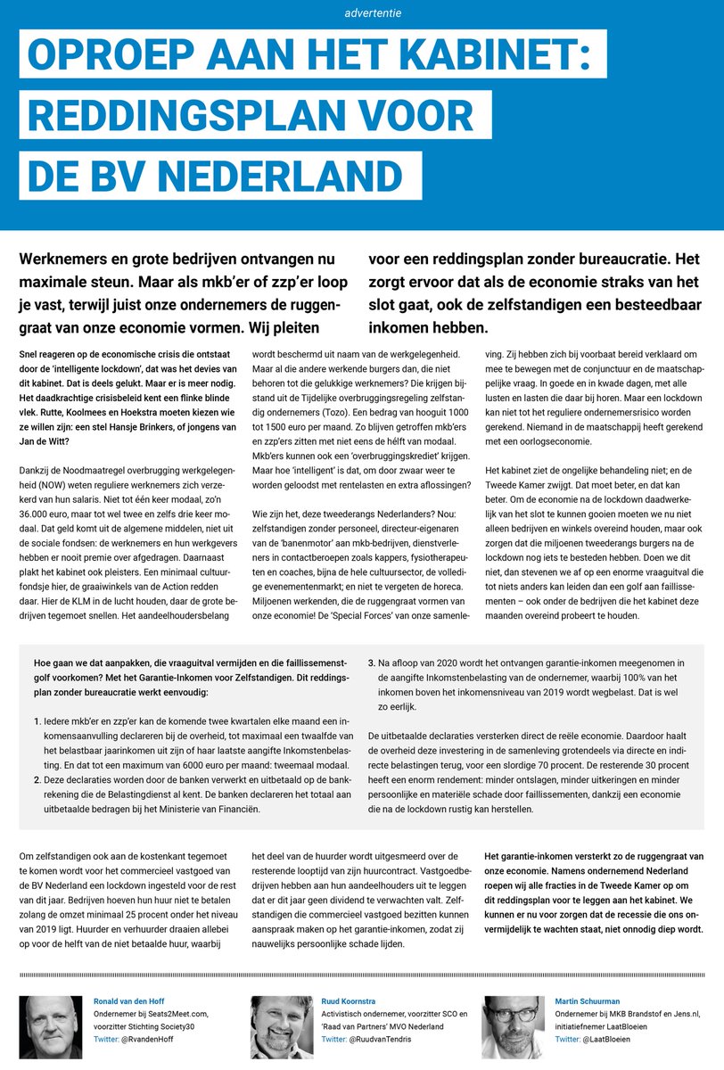 LaatBloeien's tweet photo. Werknemers en grote bedrijven ontvangen nu maximale steun. Maar als mkb'er of zzp'er loop je vast. Vandaag pleit ik in de Volkskrant met @RvandenHoff (initiatiefnemer) en @RuudvanTendris voor een reddingsplan zonder bureaucratie. Dank voor RT. Tekstversie: https://t.co/CGcJfQChQl https://t.co/LTSguhhvie