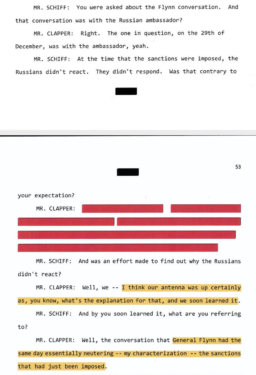 SCHIFF: So. About Flynn and Kislyak. The Russians got sanctioned but they didn't even flinch.CLAPPER: Yup. It was really weird. Until we found out why. And then it made sense. Treasony, obvious sense.