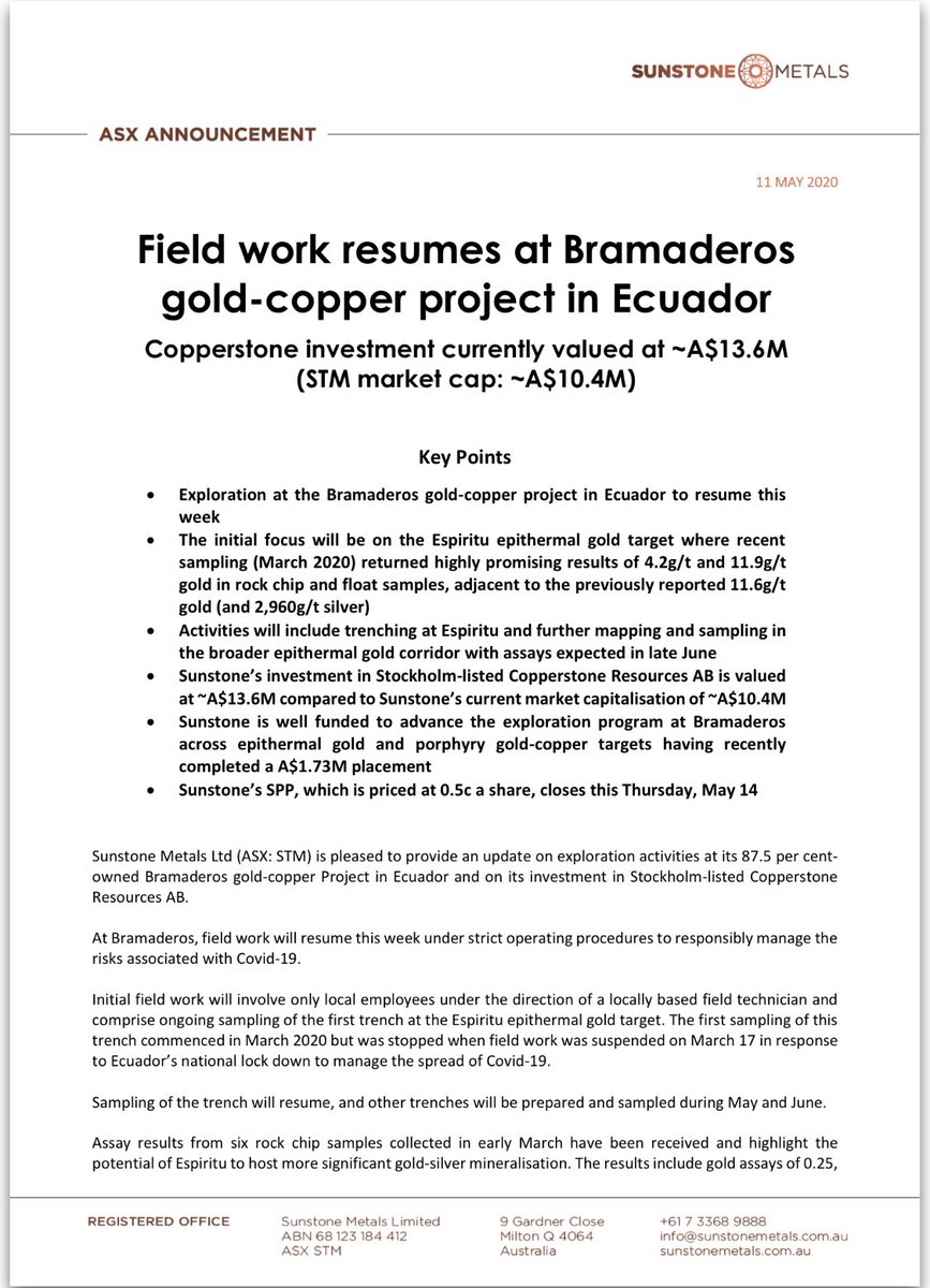 nicholas_read's tweet photo. #Sunstone Metals resumes field world at its Bramaderos #copper-gold project in #Ecuador, notes that its investment in #Copperstone Resources is valued at $13.6m, relative to a current market cap of $10.4m $STM #ASX #copper https://t.co/wskeci6NMR