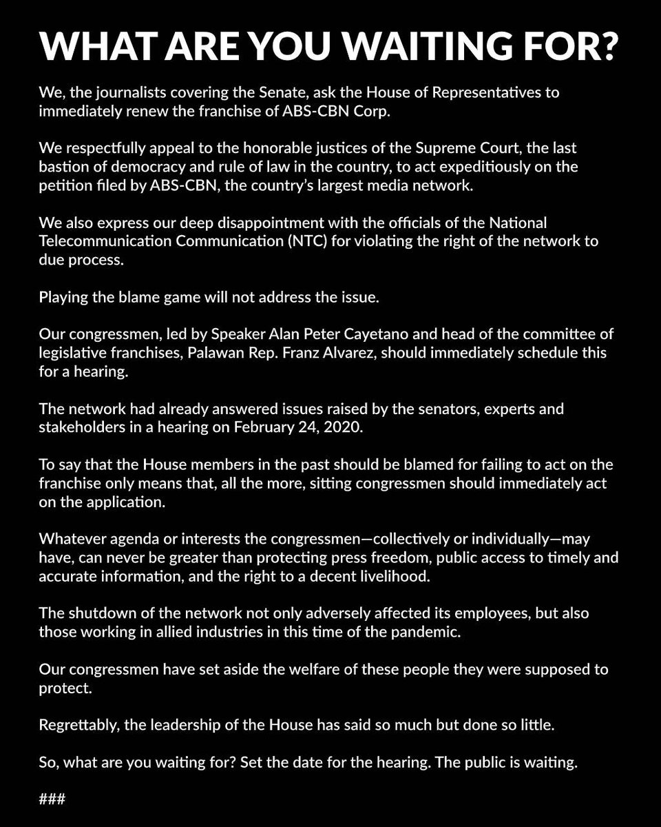 READ: Senate journalists ask House of Representatives to set hearing of ABS-CBN franchise renewal ASAP <a href="/PhilippineStar/">The Philippine Star</a>