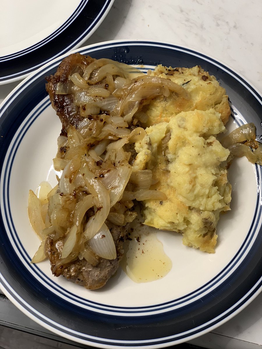 TheMirnavator's tweet photo. My boy made me this meal for Mother’s Day—cheesy mashed potatoes, steak, and caramelized onions in white wine. I walked in from my hike and there he was stirring, grating, seasoning, pan-frying! I’m so proud of my little big Gordon Ramsay the Black! #grtb https://t.co/bta37TOVzo