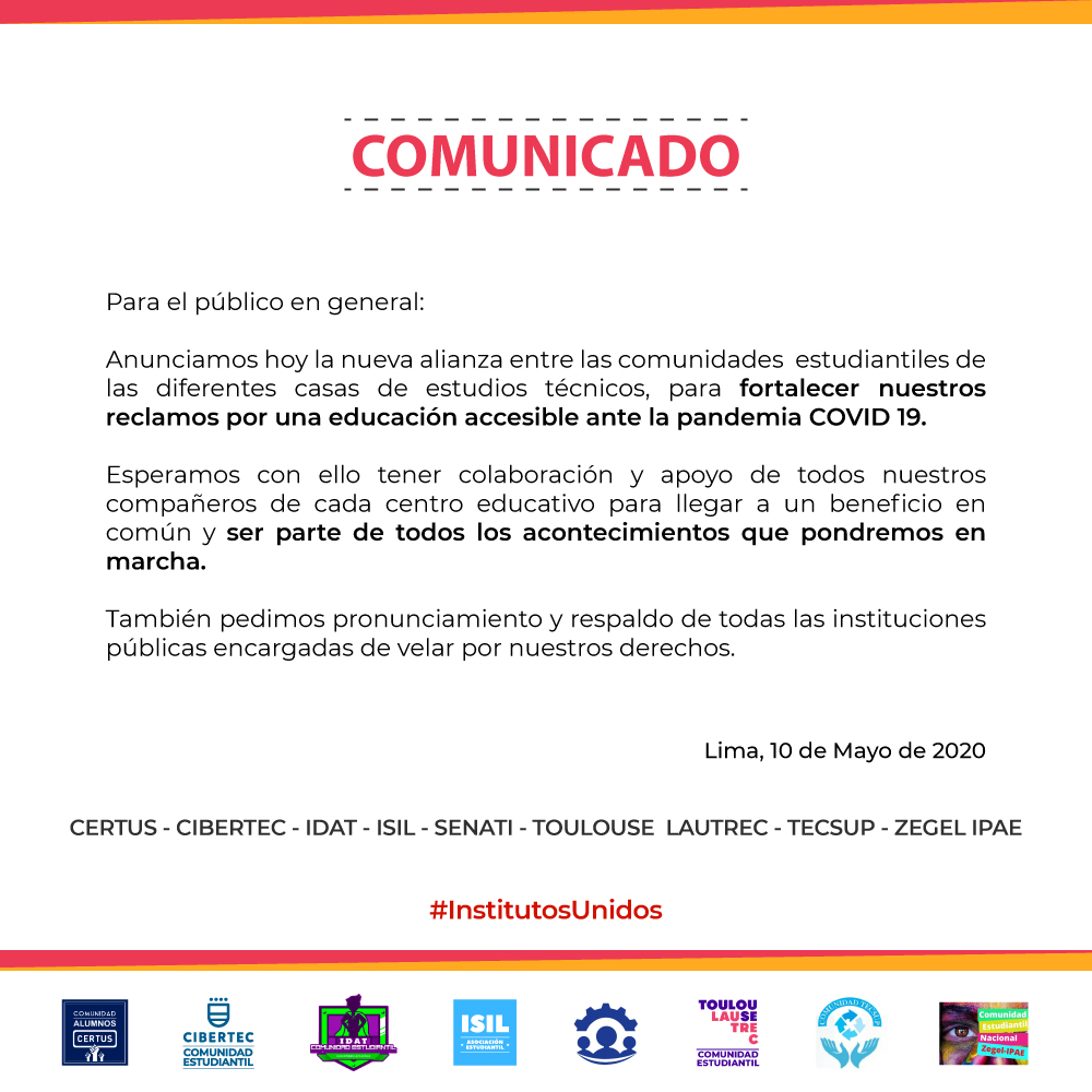 CECibertec's tweet photo. 📣COMUNICADO

Estimados compañeros, con el fin de fortalecer nuestra lucha, anunciamos alianzas con los gremios estudiantiles de diferentes casas de estudio.

#InstitutosUnidos

@cen_zipae @alumnoscertus @CSenatinos @CTecsup @IdatComunidad @y_alumnos @AsociacionIsil @sigridbazan https://t.co/AS4cOSaez7