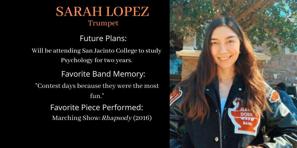 Our last Band Senior Spotlight for today is Symphonic Band member Sarah Lopez. 🎶🎺#SeniorSpotlight
