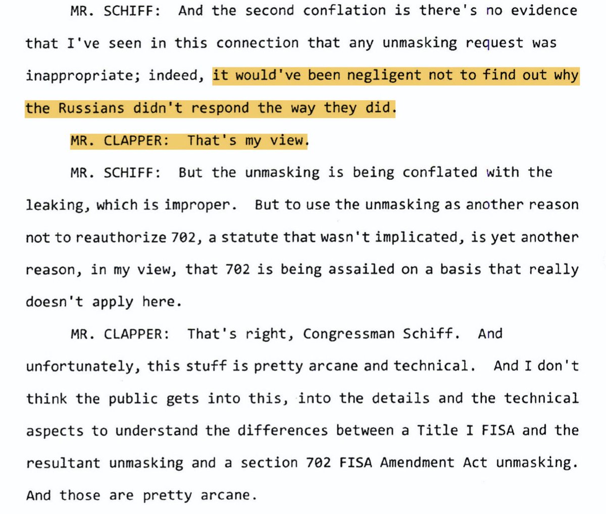 SCHIFF: And they are bitching about unmasking - can you believe it? As if you making plans to overturn the current president's policies WON'T GET YOU NOTICED? Morons.CLAPPER: Mouthbreathing dolts.SCHIFF: Oh and, "But muh leaks!"CLAPPER: I just can't. These people.