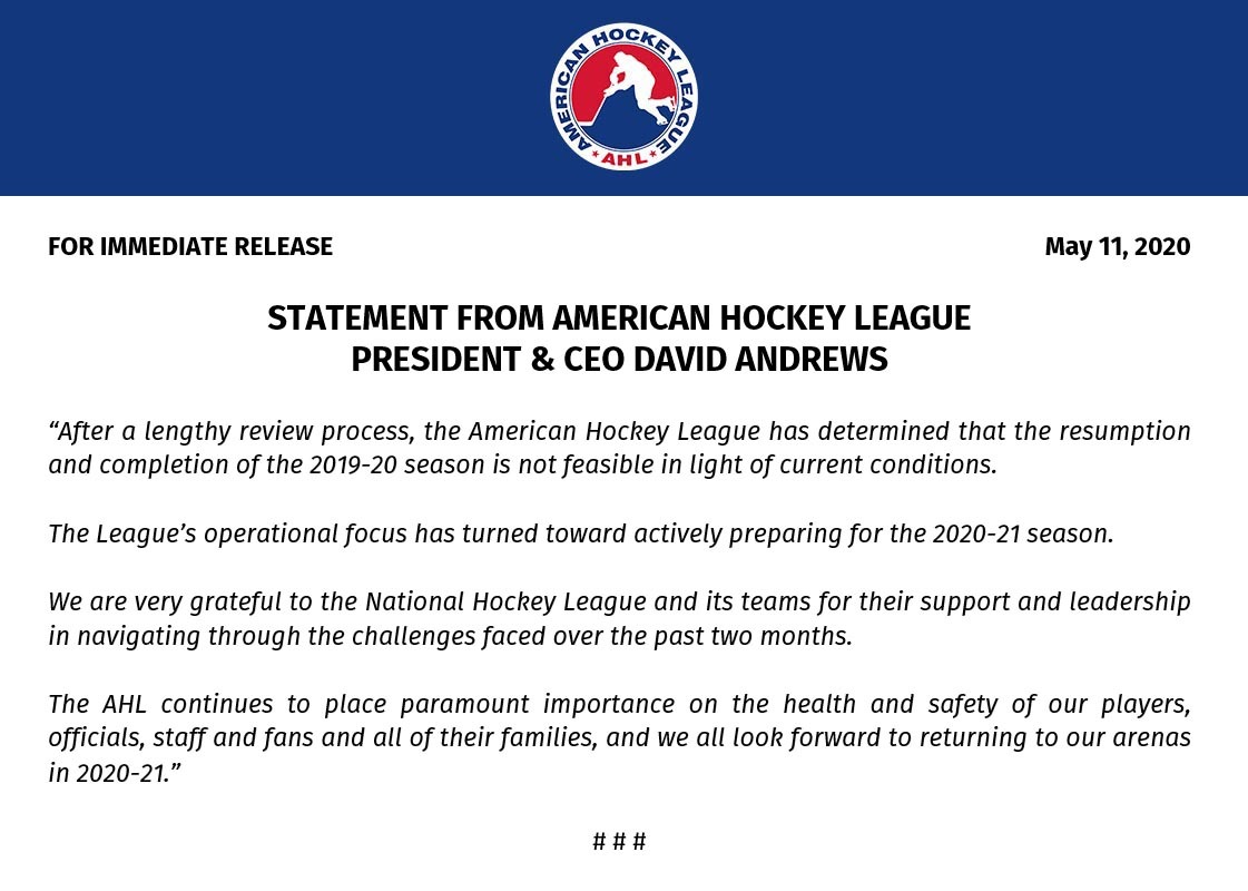 The AHL Board of Governors has voted to cancel the remainder of the 2019-20 AHL regular season and the 2020 Calder Cup Playoffs due to the ongoing COVID-19 public health crisis.

→ bit.ly/2LdyTje