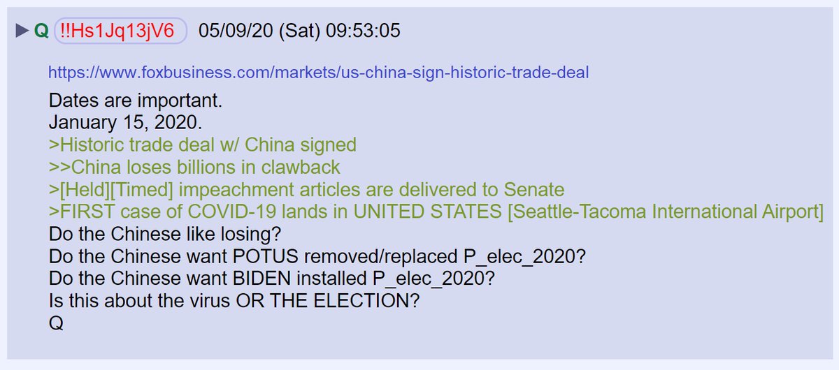 80) Is it a coincidence that the first U.S citizen with Covid 19 came into the country on January 15th, which was the same day impeachment articles were delivered to the Senate and the same day China signed the trade agreement?