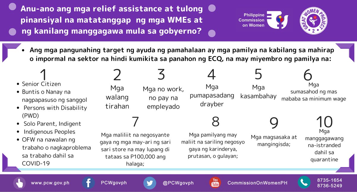 PCWgovph's tweet image. Women Micro Entrepreneurs at inyong manggagawa, alamin ang mga relief assistance at tulong pinansiyal na maaaring matatanggap mula sa gobyerno!

#WEEwillSurvive #WEEcanbeatCOVID19 #WEEcandoit