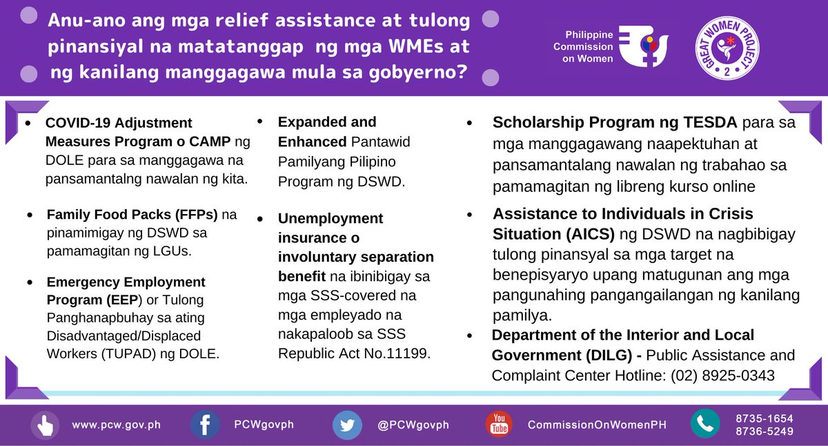 PCWgovph's tweet image. Women Micro Entrepreneurs at inyong manggagawa, alamin ang mga relief assistance at tulong pinansiyal na maaaring matatanggap mula sa gobyerno!

#WEEwillSurvive #WEEcanbeatCOVID19 #WEEcandoit