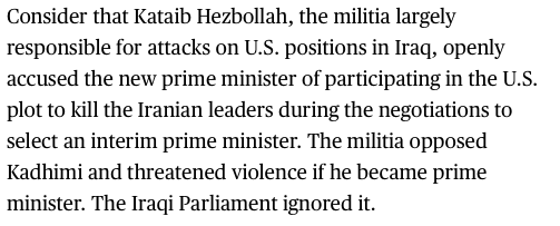 Let's break this down:"Kataib Hezbollah… threatened… (&) the Iraqi Parliament ignored it"This is the Iraqi Parliament:Badr, AAH, KIA, HaN supported Kadhimi and they are part of the largest bloc in the COR. The IRGC-QF and LH support Kadhimi & pressured other in the COR.