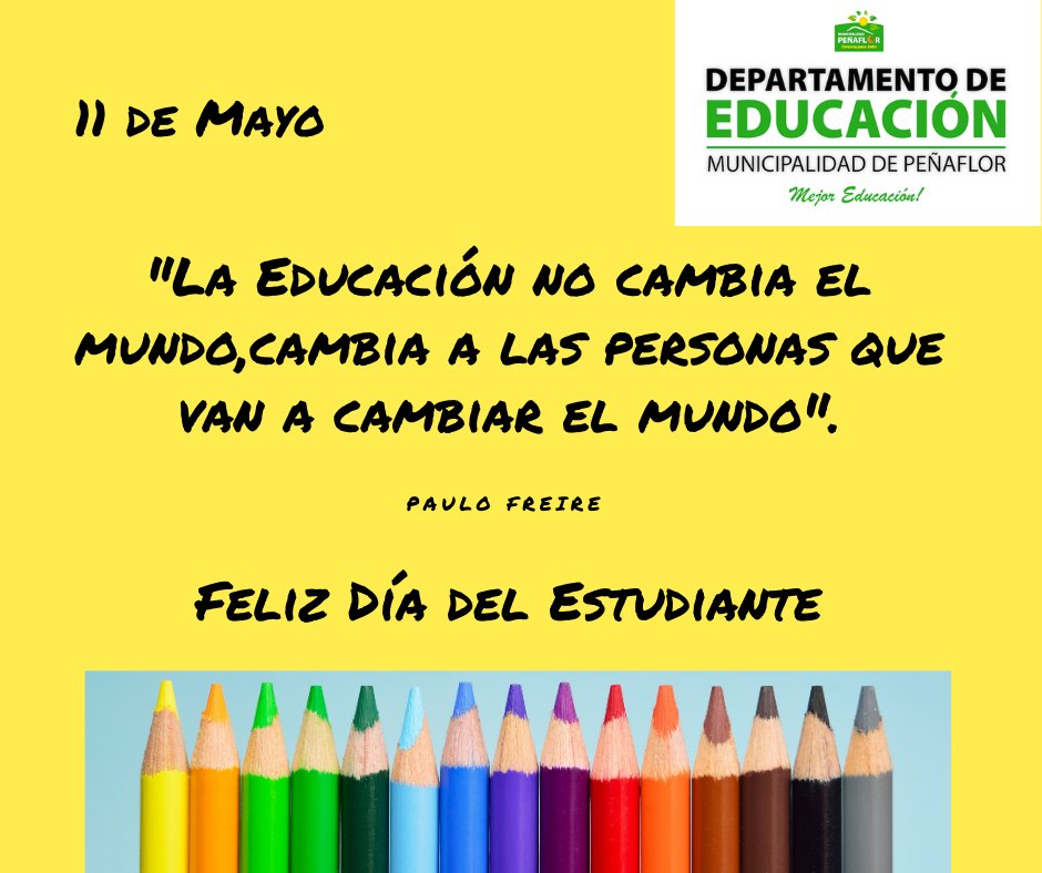 daempenaflor's tweet photo. Queridos estudiantes de los Jardines, Escuelas y Liceos Municipales de la comuna de Peñaflor les deseamos un Feliz Día de Estudiante!!!!.

Esta vez de manera distinta pero unidos ♥️ ya nos volveremos a abrazar y realizar actividades que nos permitan compartir 🤝. https://t.co/Tblhgf62ss