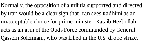 This is embarrassing, A LOT left out of this article:The article left out the other 4 (3 of which are designated) militias tied to the IRGC-QF who again, make up the largest voting bloc in the COR - Badr, AAH, KIA, HaN.