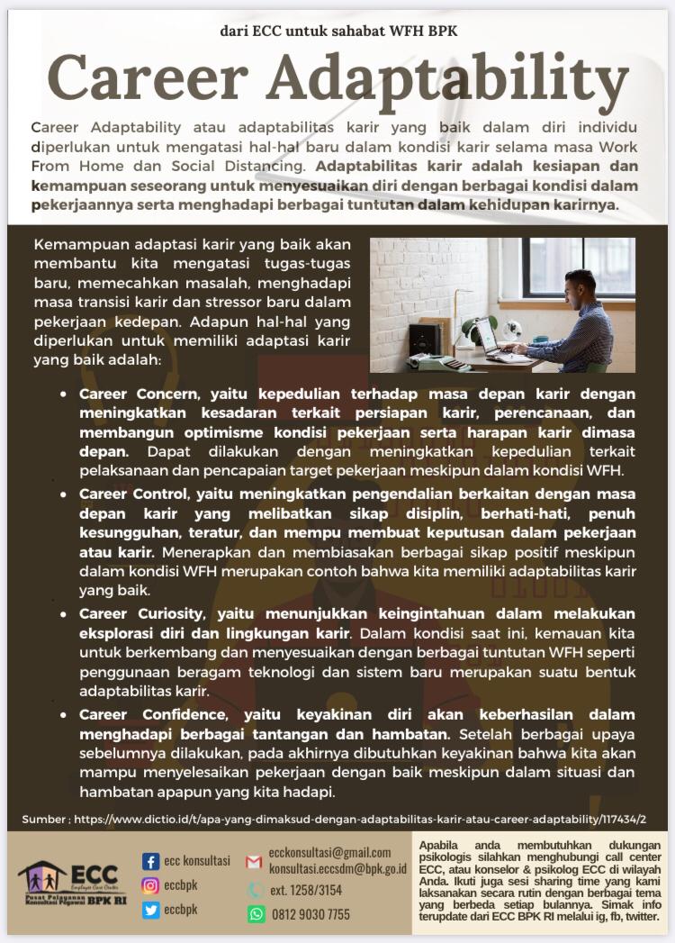 eccbpk's tweet photo. Halo, sobat ECC. situasi Covid-19 mengharuskan kita memiliki kemampuan adaptasi di berbagai lini kehidupan, tidak terkecuali dalam kehidupan karir. Apa yang dimaksud dengan kemampuan adaptabilitas karir itu?
Simak edisi khusus WFH ke 55 dengan seri "Career Adaptability". https://t.co/sqtzOeYrjK