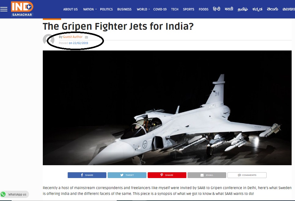 On 22nd February 2019  @Aryanwarlord wrote a piece titled The Gripen Fighter Jets for India? -link here  https://indsamachar.com/the-gripen-fighter-jets-for-india/ and in that he claimed that few influencers/journos were invited to Saab conference-well few lucky ones got to travel to Saab facility in Sweden as well