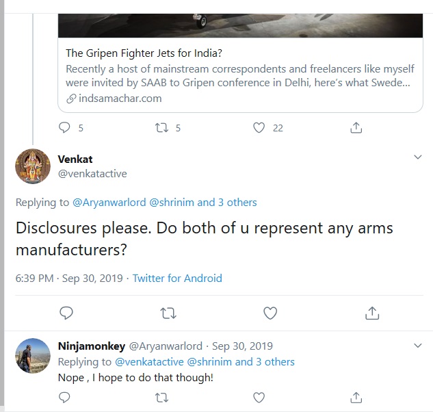 The range of those 19 columns was wide enough but curiously the word Saab or Gripen found its place in each one of those columns,  @sneheshphilip wrote for Print- never once he mentioned abt trip not even replied to  @venkatactive  https://twitter.com/venkatactive/status/1178658203690622981 - though  @Aryanwarlord did
