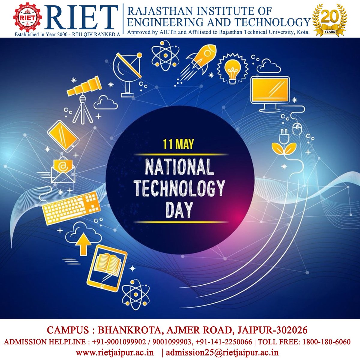 RIET_JAIPUR's tweet photo. May 11, has a historical perspective it's observed as National Technology Day. This day marks the anniversary of Pokhran nuclear tests of 1998 and India’s technological advancements in space. https://t.co/w3EzrDNej3