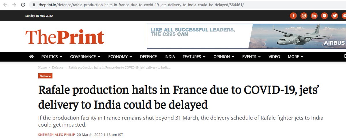 So what if Rafale-in his own words- is a good choice; on two dates (29th Mar 20 & 14th April 20 & in a span of fortnight)-he informed us readers as to how deliveries are not gonna fructify soon....never miss "gold-standard" umbrella story of 28th Jan 2019 as tht guides everything