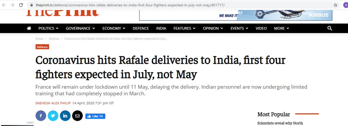 So what if Rafale-in his own words- is a good choice; on two dates (29th Mar 20 & 14th April 20 & in a span of fortnight)-he informed us readers as to how deliveries are not gonna fructify soon....never miss "gold-standard" umbrella story of 28th Jan 2019 as tht guides everything