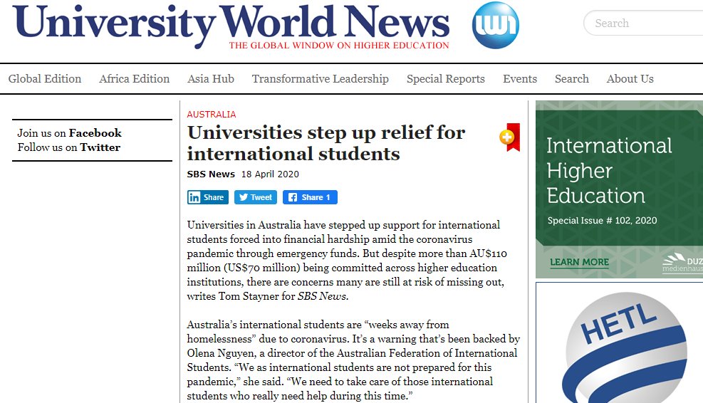 Olena_Nguyen's tweet photo. _AUSTRALIA_

Universities step up relief for international students. https://t.co/FYFViJs4ZX