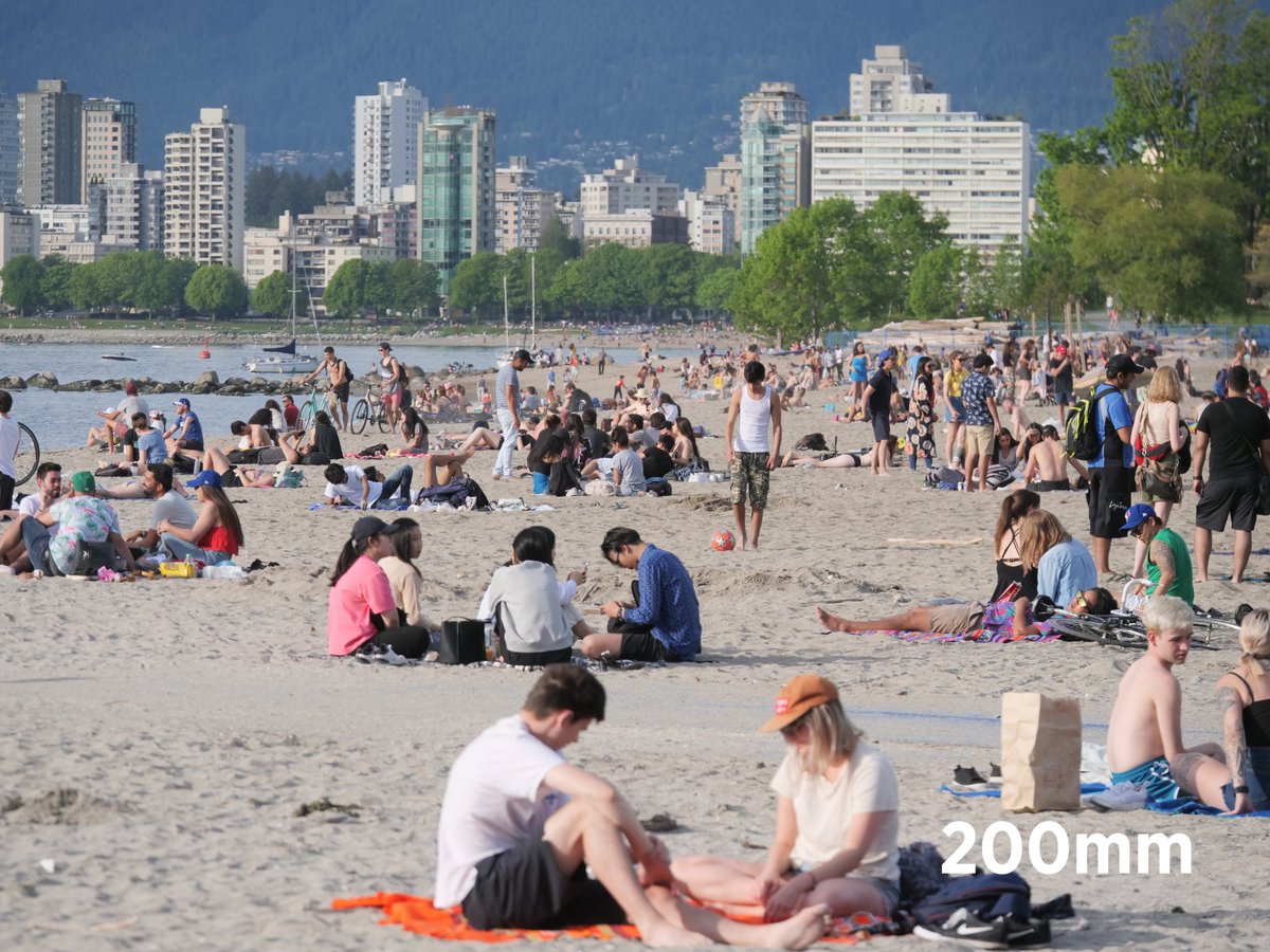 This photo was taken at Kits Beach today (May 11, 2020) at 6 pm with a focal length of 200mm (a telephoto lens). The beach looks densely packed. 3/
