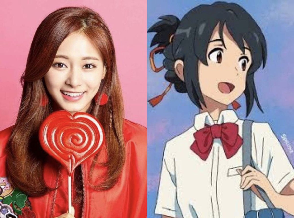 Tzuyu as: Your Name (Mitsuha)Mitsuha is kind and also wants to explore places out of her hometown, and this is where Tzuyu comes in. Tzuyu came from Taiwan and went to Korea to explore not only the place, but also opportunities, specifically for her to be a kpop star.
