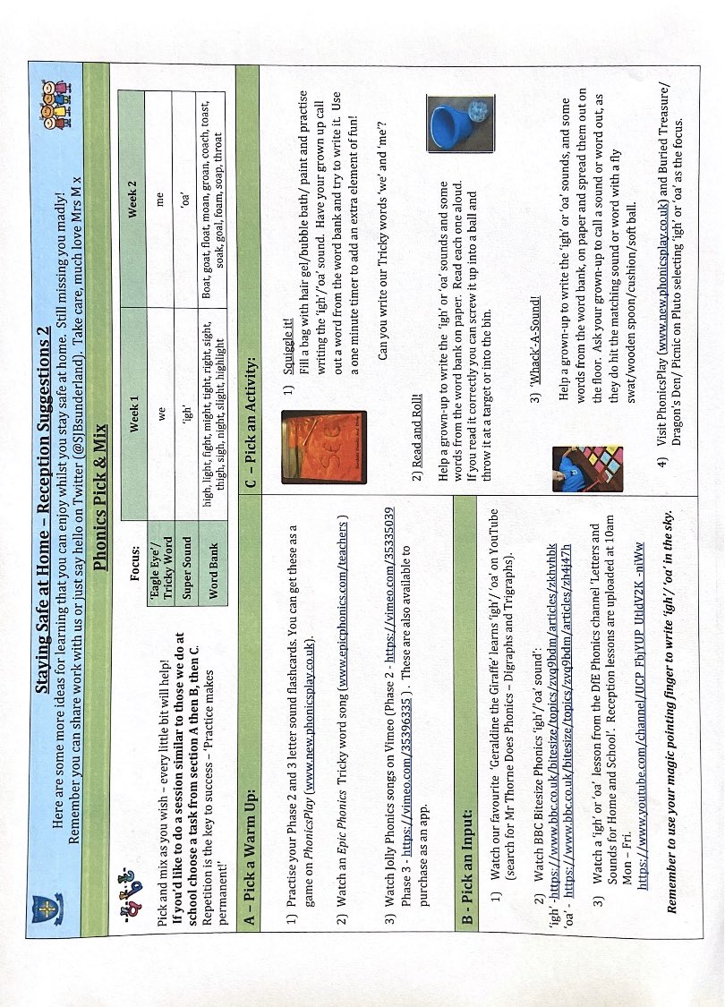 MrsMfromSJB's tweet photo. Hello Reception, happy Monday! Here is a copy of our next ‘Pick &amp; Mix’. Which activity might you try today? I can’t wait to see! Keep up the great job! Have a lovely day, Mrs M x #SJBReception https://t.co/RIHY5WgmFZ