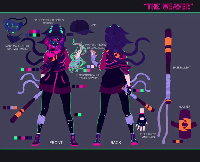 So I made an OC, she's "The Weaver" who's an undead mute angery masked girl with a baseball bat and the power to absorb energy from light sources and turn them into solid neon things
#OC #CharacterDesign #ConceptArt #Neon 