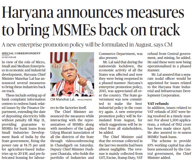 SBaralaOffice's tweet photo. Haryana announces measures to bring MSMEs back on track @mlkhattar https://t.co/AjFYGkwUF7