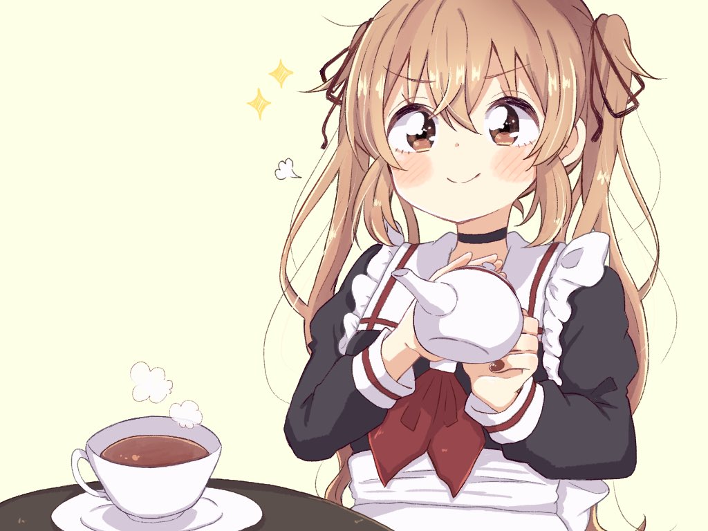 murasame (kancolle) 1girl solo twintails cup long hair brown eyes apron  illustration images