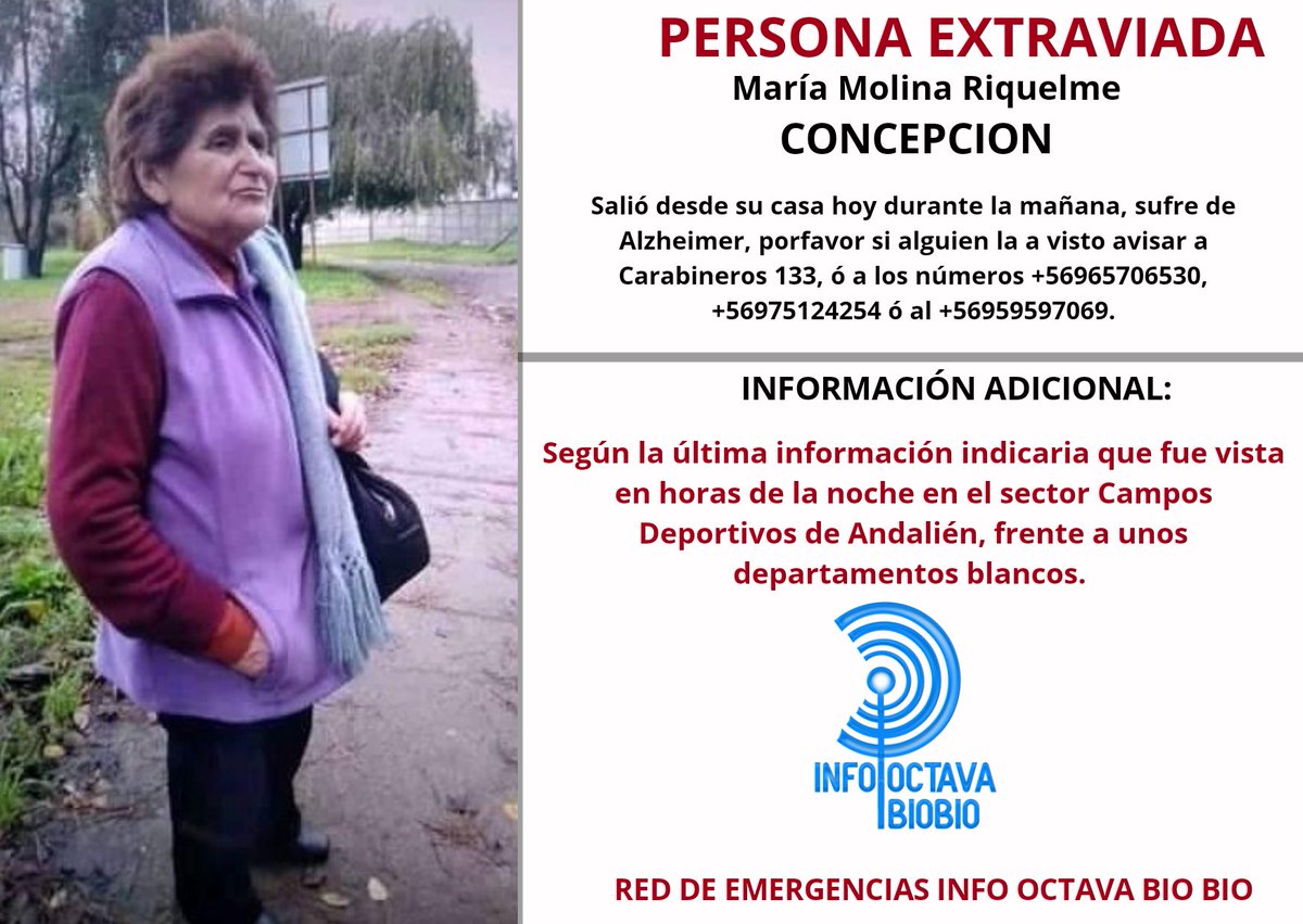 OctavaBioBio's tweet photo. 🚩ALERTA MÁXIMA DE BÚSQUEDA ACTIVADA EN EL GRAN CONCEPCIÓN🚩
Se busca a Maria Molina Riquelme, quien fue vista por última vez cerca de Villa Cap, sector "Torreones". Cualquier información por favor llamar a Carabineros o a los números que aparecen en la lámina. #IF8BIOBIO https://t.co/LSru2TTUpn