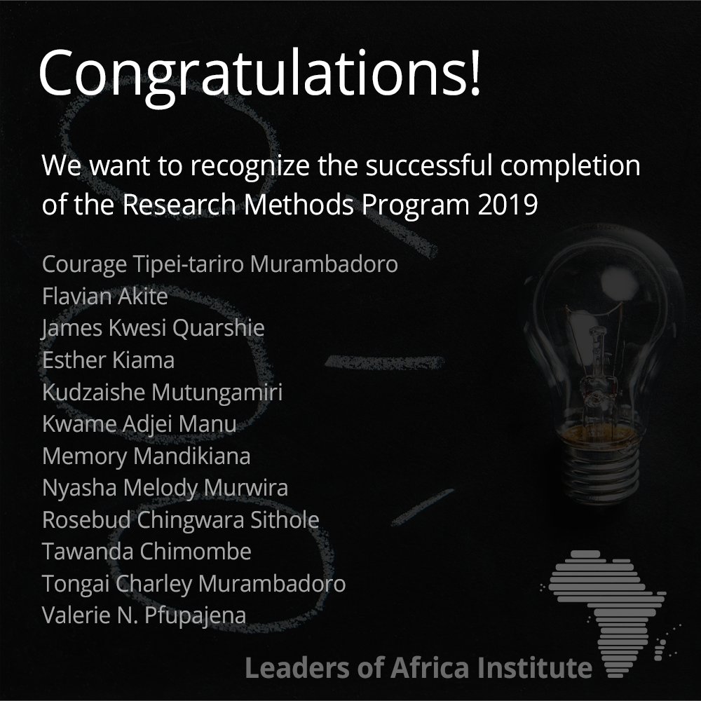 LeadersAfrica's tweet photo. Congratulations to our Scholars for completing the Research Methods Program! Yesterday, we celebrated our Scholars' hard work, persistence, and commitment to research. @VaMurambadoro @akiteflavia @JKQuarshie @june_kiama @Krakye_Esq @KudzaisheMutun1 @VPfupajena @Miss_NMM https://t.co/99rJF5q8YQ