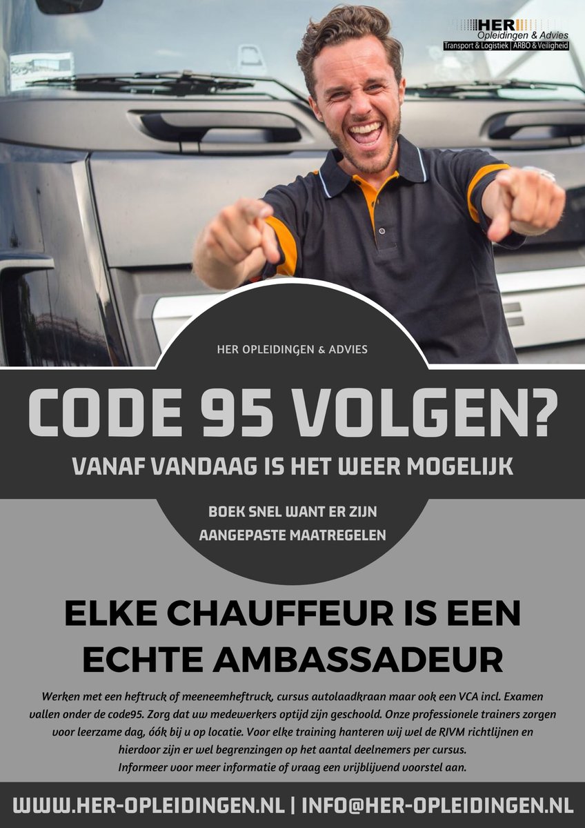 HERopleidingen's tweet photo. Vanaf 11 mei 2020 is het weer toegestaan om #code95 trainingen te verzorgen. De komende periode hebben wij veel trainingen in de planning staan. Bel 033-4506270 of mail naar: info@her-opleidingen.nl voor meer informatie. #heftruck #vca #hoogwerker #bhv #veiligopweg #transport https://t.co/9VLMVMzxga