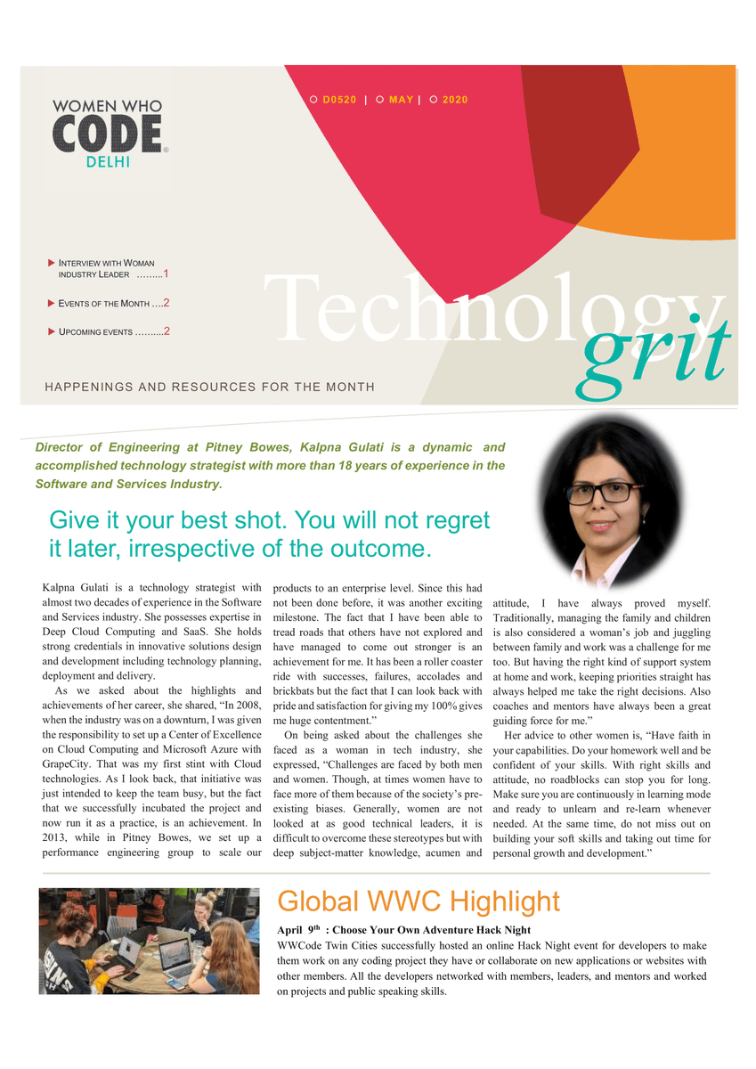 WWCode_Delhi's tweet photo. We are proud to share the next edition of 'Technology Grit', featuring Kalpna Gulati, Director of Engineering at @PitneyBowes. 

Discover the success recipes, access tips &amp; resources to boost your career and much more.

https://t.co/rEOMgeIjXw

#WWCodeDelhi #WomenWhoCode https://t.co/AAOi5odk9O